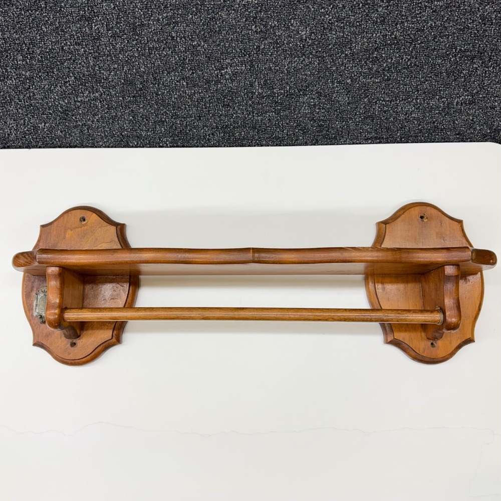 Vintage Wooden Wall Shelf with Towel Bar and Hook Brown Rustic Home Decor 23in